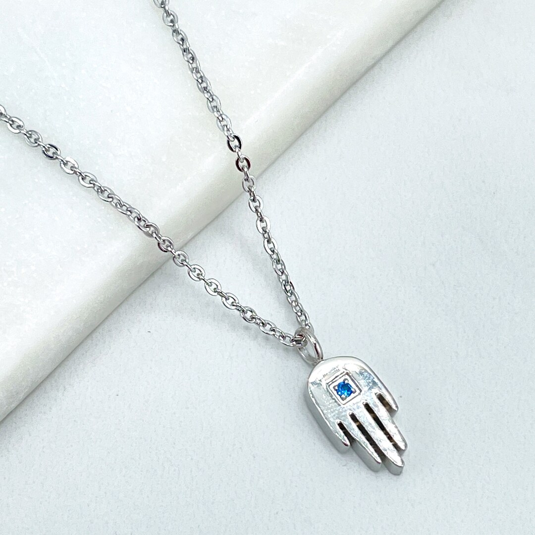 Stainless Steel 1mm Rolo Chain With Hamsa Hand Charm With Blue Cubic ...
