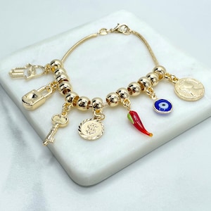 18k Gold Filled Hamsa Hand, Lock, Key, Money Coin, Chili, Evil Eye, Coin, Lucky & Protection Charms Bracelet, Wholesale Jewelry Supplies