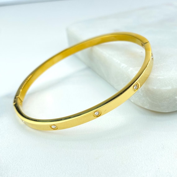 Gold Stainless Steel Bangle Bracelet with Cubic Zirconia, Open Bangle Bracelet with Cubic Zirconia, Unisex Bracelet, Wholesale Jewelry