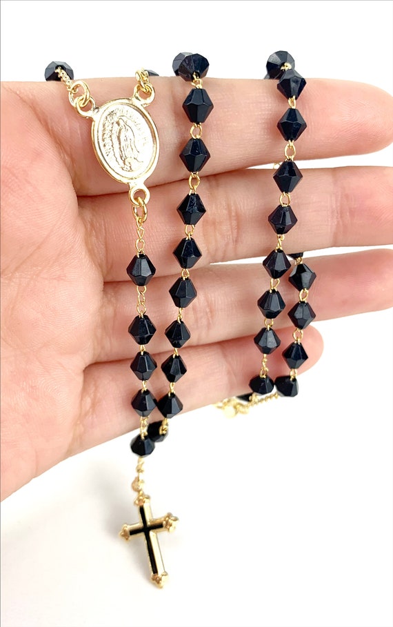 Fashion Rosary in 18k Gold Filled Featuring Black Beads Our Lady