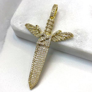 18k Gold Filled Micro Pave Cubic Zirconia Iced Out Sword with Wings Pendant, Hip Hop, Men&#39;s Jewelry, Wholesale Jewelry Making Supplies