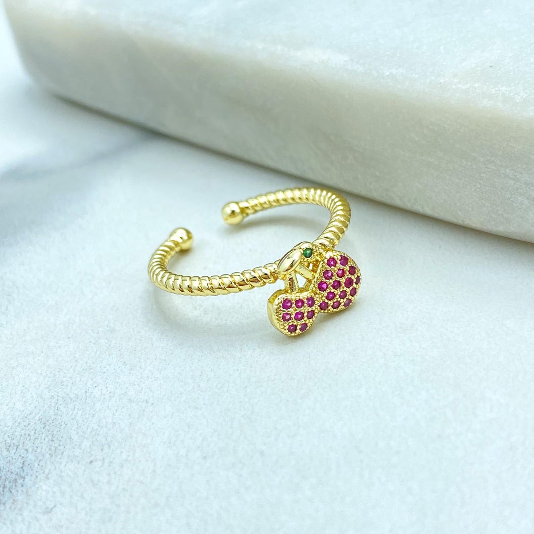 Cherry Rings 18k Gold Filled Adjustable Cherry Ring, Micro CZ Fruit Ring, Cute Pink ...