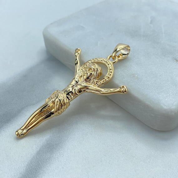 18K Gold Filled Jesus Pendant, Raised Arms Crucifix, Halo Detail
