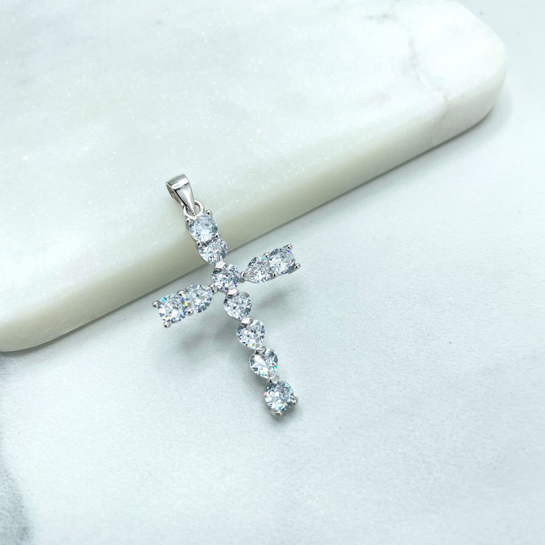 925 Sterling Silver Clear Cubic Zirconia Cross Shape Pendant Charm ...