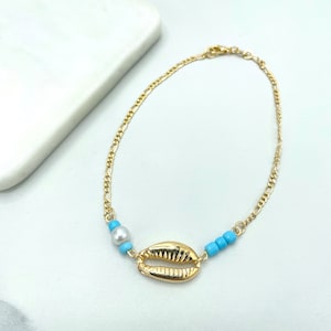 18k Gold Filled 2mm Figaro Chain with White & Light Blue Beads, Gold Shell Linked Tropical Beach Anklet, Wholesale Jewelry Making Supplies