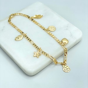 18k Gold Filled 4mm Figaro Chain Link, Dangles Flowers, Leaves & Heart Charms Anklet, Wholesale Jewelry Making Supplies