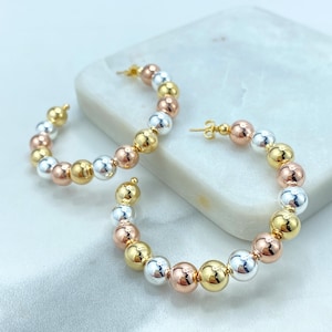 18k Gold Filled Tri-Tone Balls 55mm C- Hoop, Tricolor Gold Hoops, Classic Jewelry, Wholesale Jewelry
