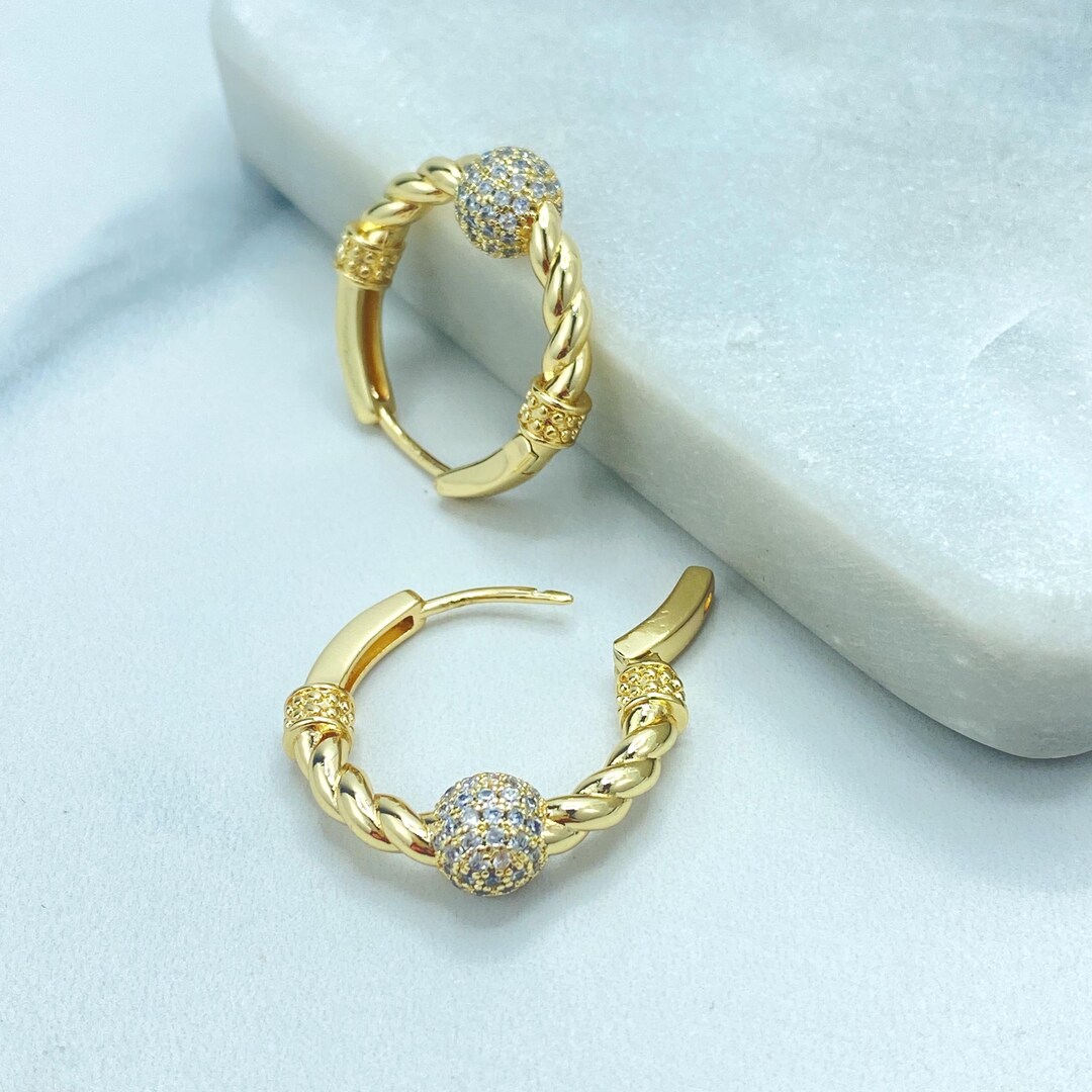 18k Gold Filled Rope Hoop Earrings, Zirconia Pavé Ball, Gift for Her ...