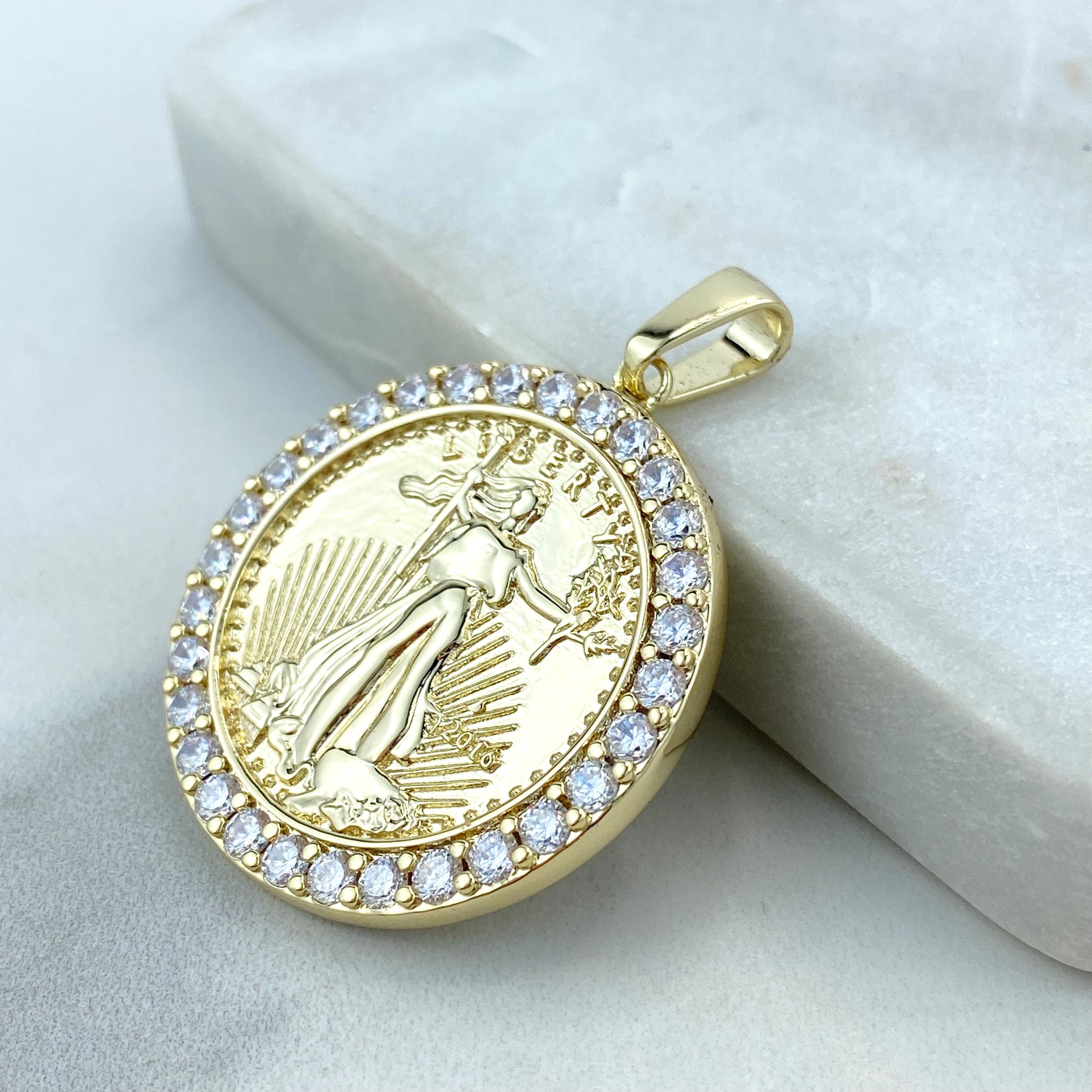 18k Gold Filled Lady Liberty Coin Pendant Surrounded By Cubic Zirconia Stones Wholesale Jewelry Making Supplies