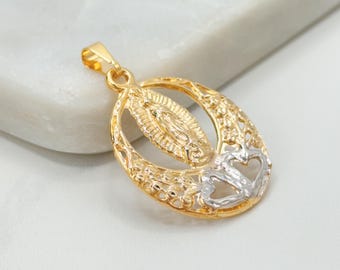 18K Gold Filled Virgin of Guadalupe Pendant, Two Tone Filigree Medal