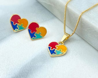 18k Gold Filled Jewelry Set, Autism Awareness, Colorful Heart Puzzle Necklace & Stud Earrings, Valentine’s Day Gift for Her, Wholesale Jewel