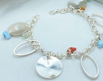 Silver Filled Charm Bracelet, Polished Disc and Oval Frame Dangles
