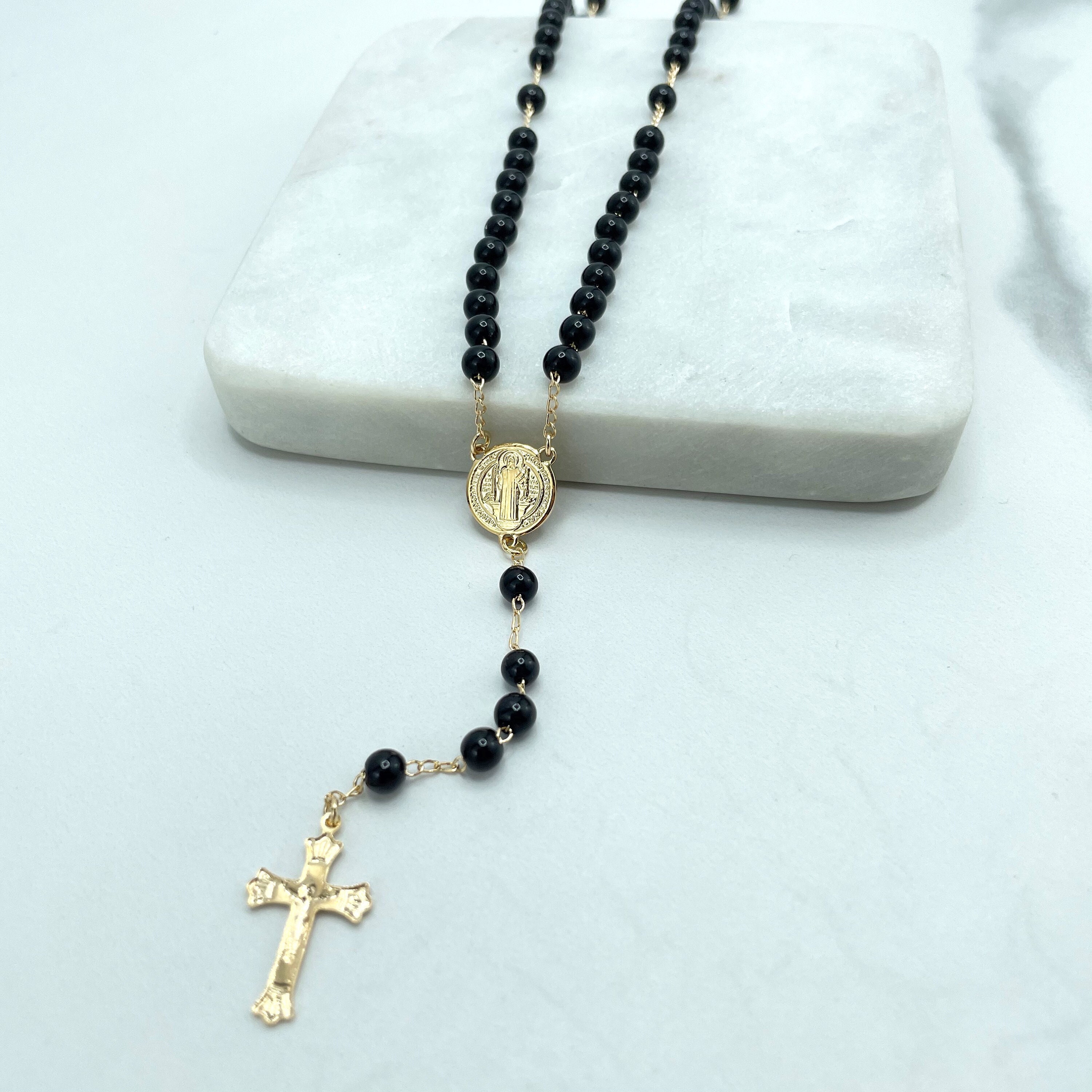 18 k Gold gefüllt schwarze Perlen Saint Benedikt Rosenkranz 18