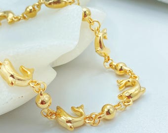 18K Gold Filled Dolphin Bracelet, Puff Sea Life Beaded Chain Jewelry