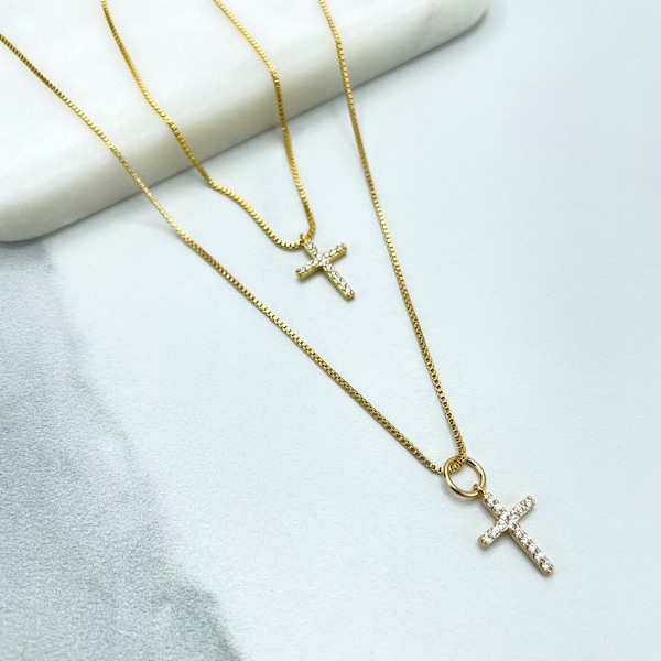 18k Gold Filled 1mm Box Chain with Petite Cubic Zirconia Cross Shape Charm Necklace or Bracelet, Buy as a Set, Wholesale Jewelry Supplies