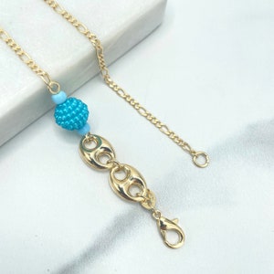 18k Gold Filled Anklet, Figaro Chain Link with Turquoise Bead and Puffed Mariner Link Charms Anklet, Wholesale Jewelry