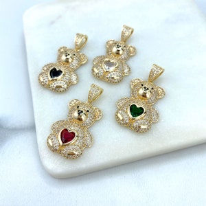 18k Gold Filled Teddy Bear Charm Jewelry with Micro Cubic Zirconia and Colored Heart Zirconia on Center, Wholesale Jewelry