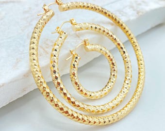 18K Gold Filled Diamond Cut Hoop Earrings, Textured Finish in Three Sizes