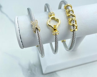 18k Gold Filled and Silver Filled Cable Cuff Bracelets, Gold Clover, Zirconia Cross or Cord, Wholesale Jewelry Making Supplies
