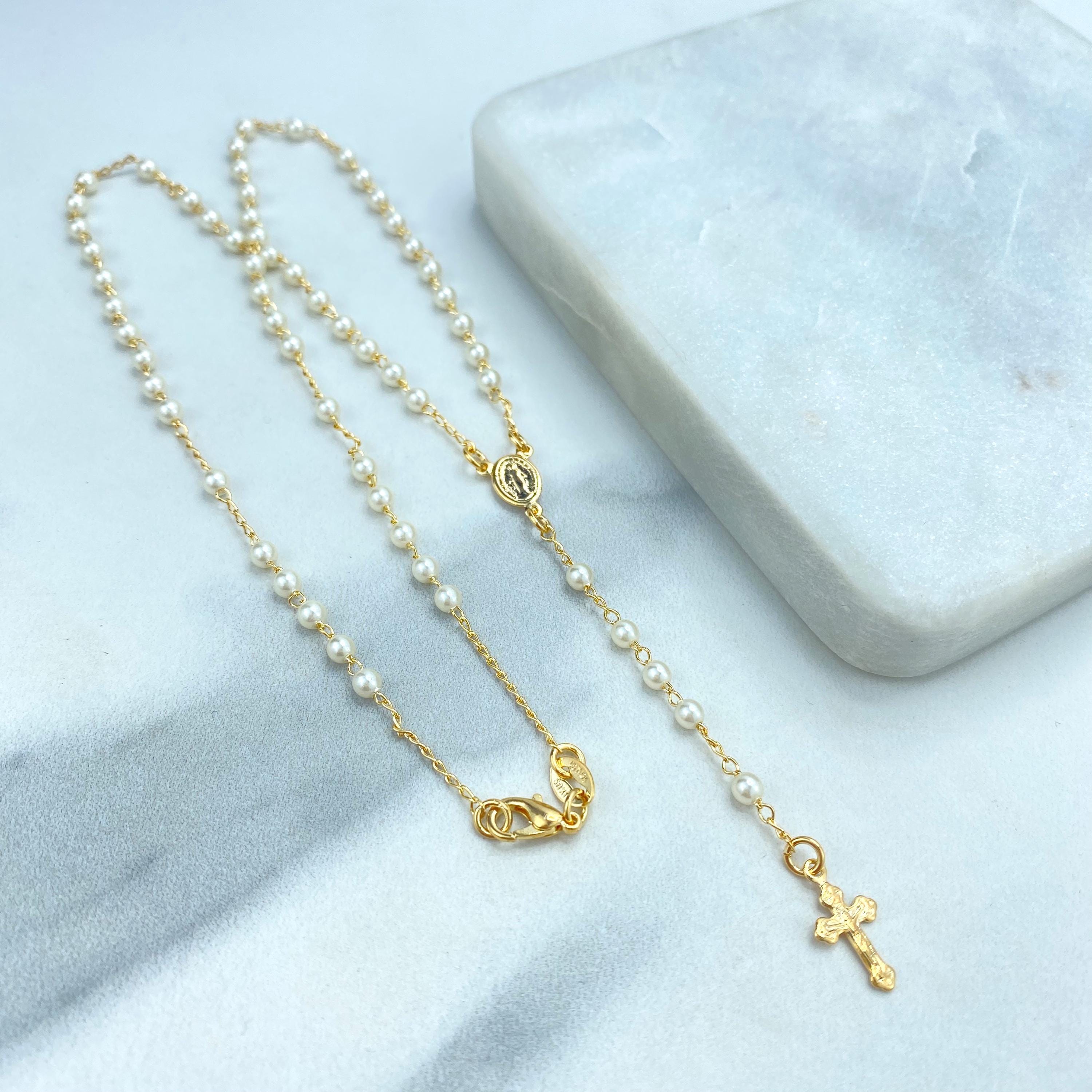 Rosenkranz aus 18 Karat Gold gefüllten Perlen mit La Milagrosa-Anhänger, Rosenkranz aus künstlichen Perlen mit der wundersamen Jungfrau, Großhandelsschmuck