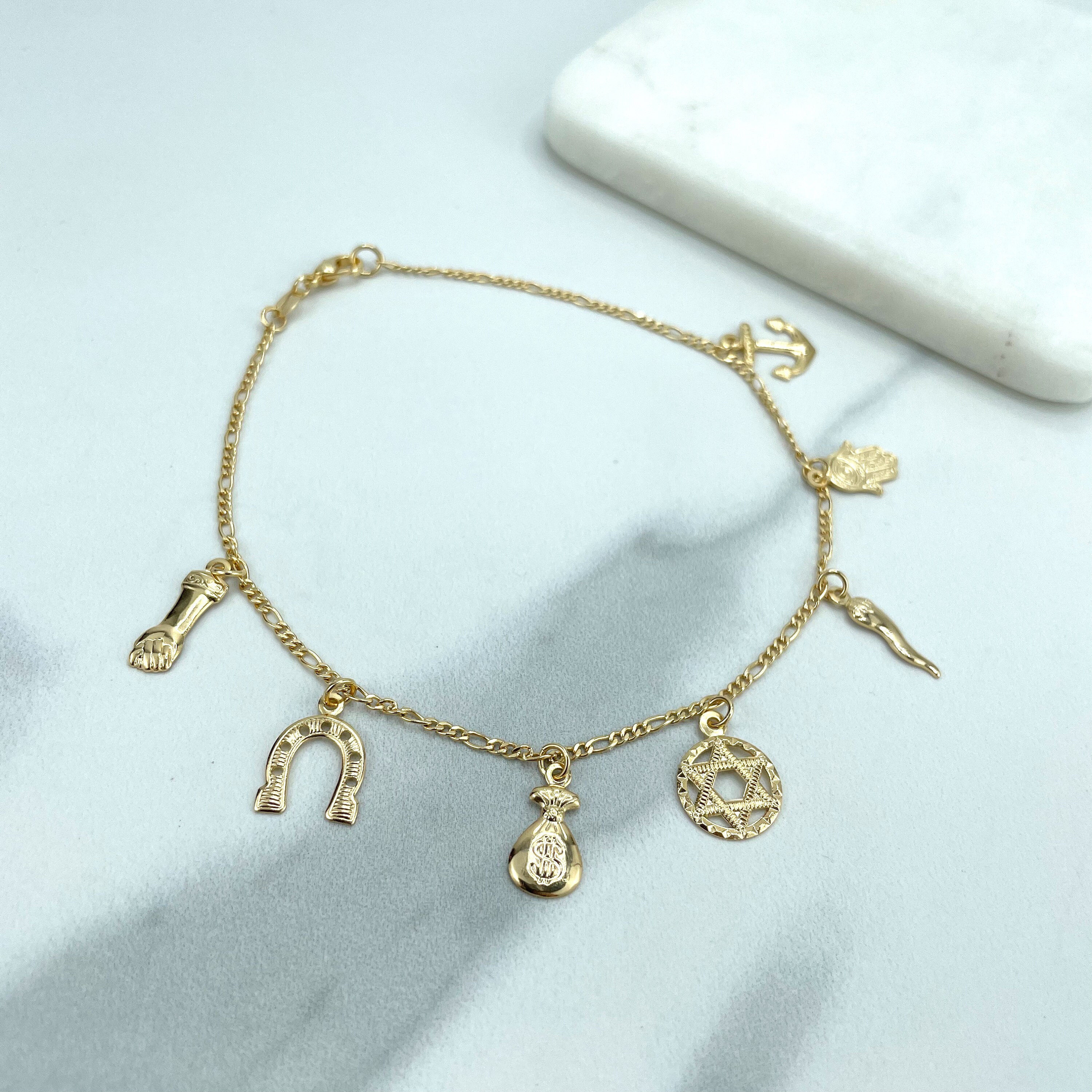 18k Gold Filled Anklet Lucky & Protection Charms, Figa Hand