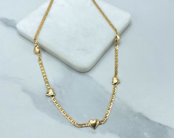 18k Gold Filled 3mm Mariner Link Chain with 05 Hearts Charms Linked Necklace, Wholesale Jewelry Making Supplies