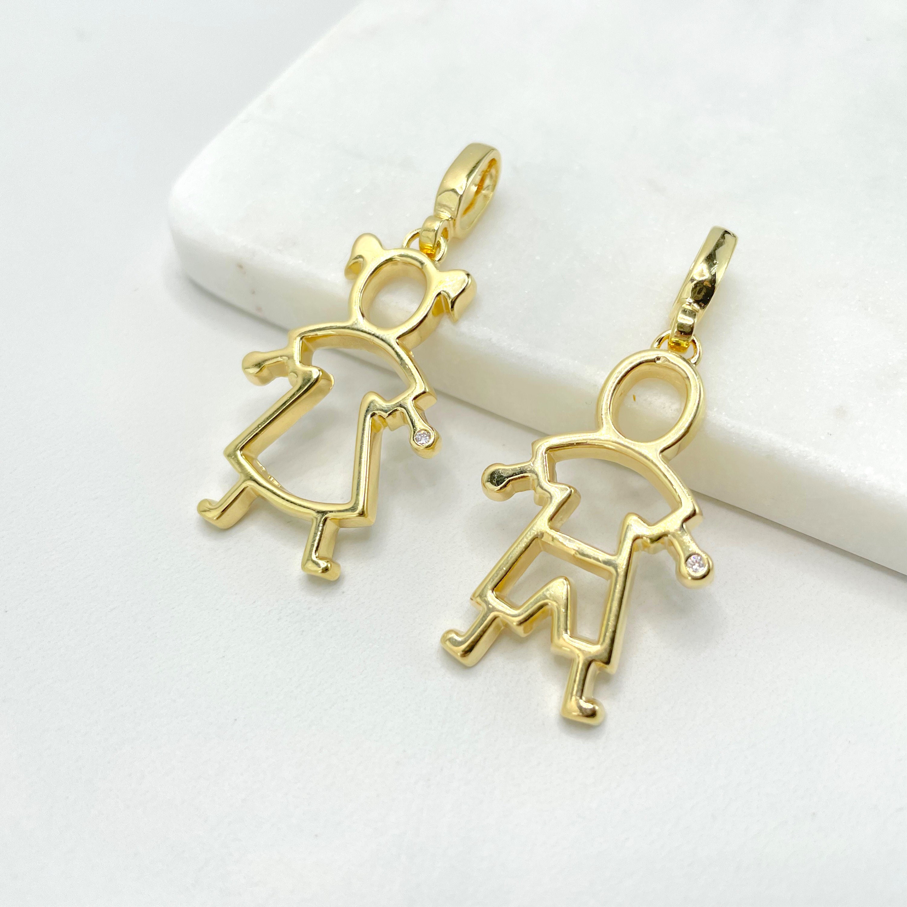 18k Gold Filled Cubic Zirconia Details Boy or Girl Shape Pendant Charms, Mother Son Daughter Kids Pendant, Wholesale Jewelry Making Supplies