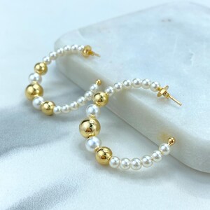 18k Gold Filled Open Pearl Beaded Hoop, Gold Beads and Simulated Pearl C-Hoop, 34mm Beaded Hoop, Wholesale Jewelry