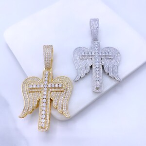 18k Gold Filled or Silver Filled Cubic Zirconia & Micro Pave Angel Wings Cross Pendant Only, with Large Bail, Wholesale Jewelry Supplies
