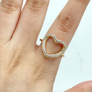 Anello Iniziale In Oro Con Cuore Aperto E Zirconia Cubica: Placcato 14K, Regolabile, Lettere A-Z, Per Donne E Ragazze