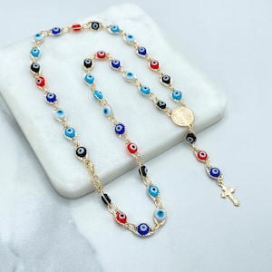 18k Gold Filled Colored Colorful Evil Eyes Linked Rosary, Saint Benedict, San Benito Charm, Religious & Protective Jewel, Wholesale Jewelry