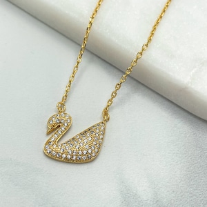 18k Gold Filled 1mm Rolo Chain with Clear Micro Pave Cubic Zirconia Swan Charm Necklace with Extender, Wholesale Jewelry Making Supplies