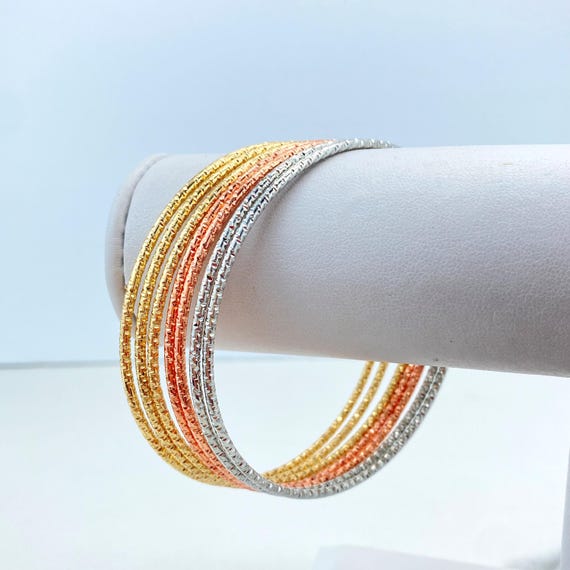 18K Gold Filled Bangle Set, Tri Color Textured Stack, 7 Piece Slip