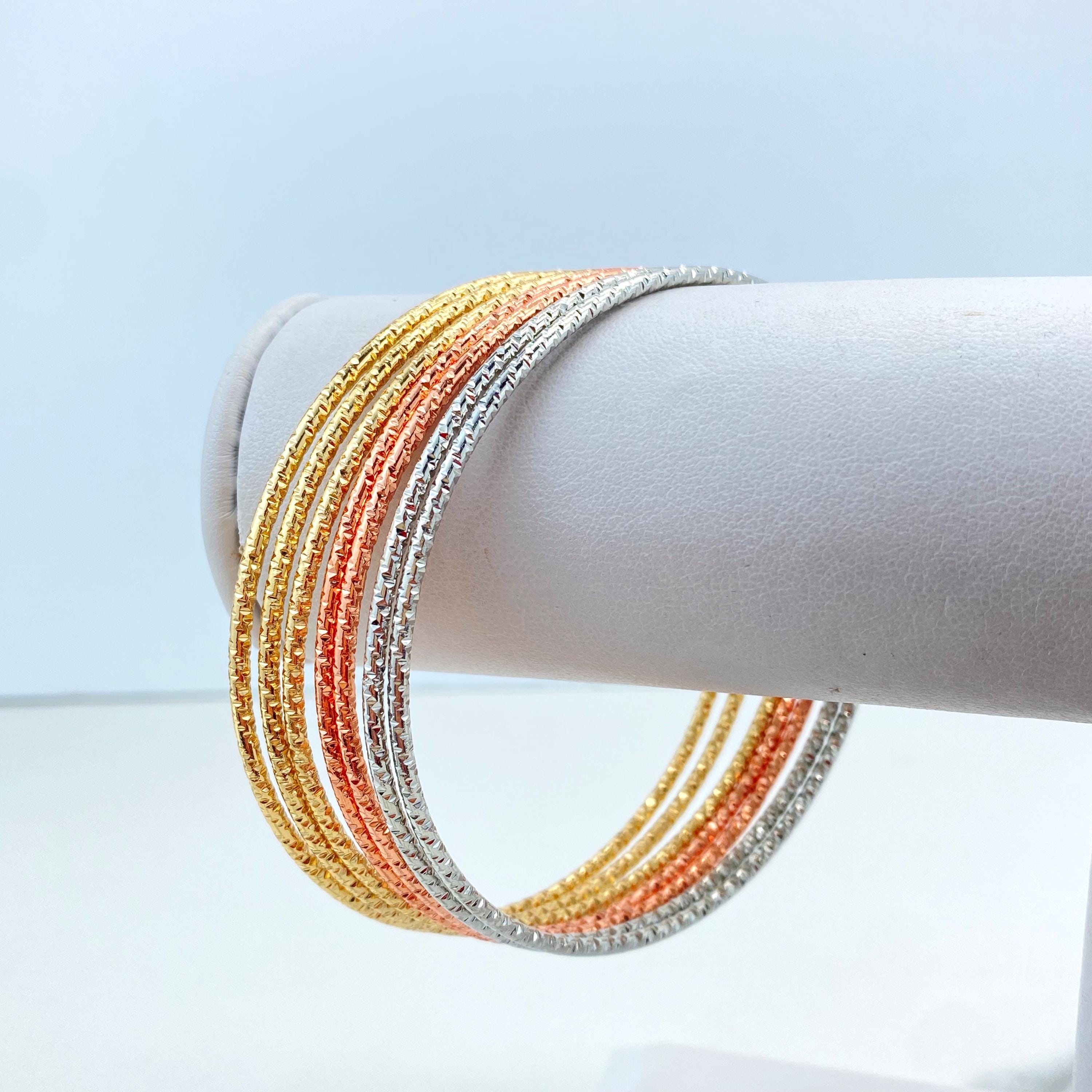 18K Gold Filled Bangle Set, Tri Color Textured Stack, 7 Piece Slip