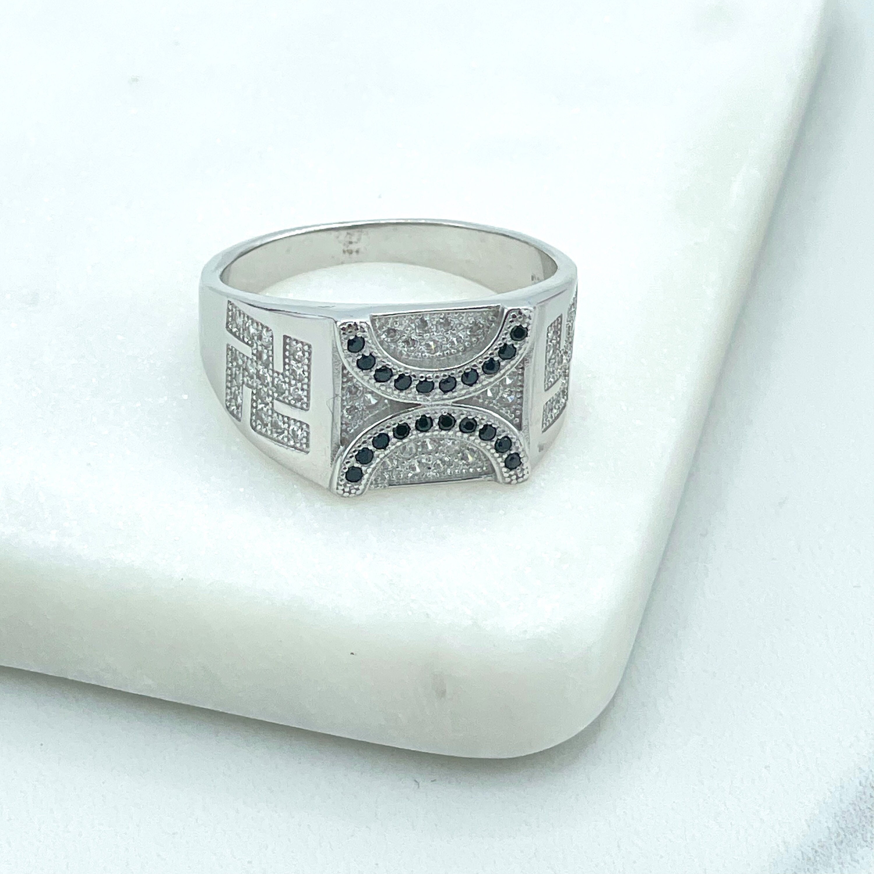 925 Sterling Silver, Band Men's Square Shape Black Line
