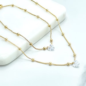 18k Gold Filled 1mm Satellite Chain with Extender & Cubic Zirconia Heart Shape Charm Necklace or Bracelet, Wholesale Jewelry Making Supplies