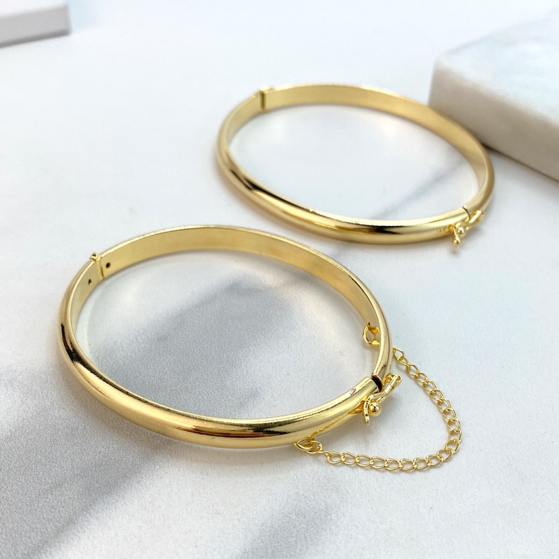 18k Gold Filled Bangle Bracelets With Safety Clasp and Chain, or Safety