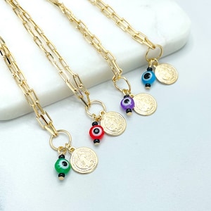 18k Gold Filled 2mm Paperclip Chain, Dangle Multicolor Evil Eye & Saint Benedict, San Benito Coin Charm Anklet, Wholesale Jewelry Supplies