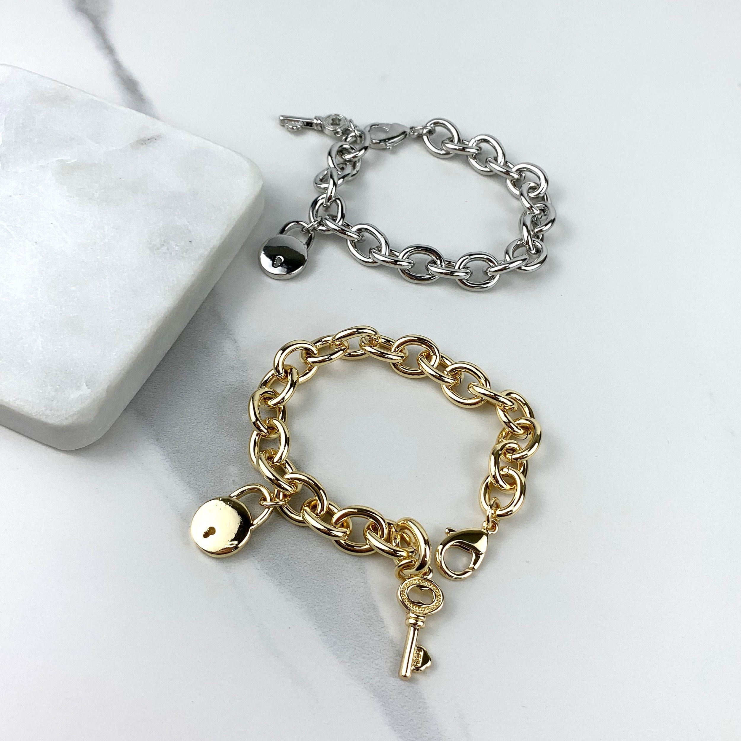 Chunky 18k Gold Filled Oval Link Chain Charms Bracelet