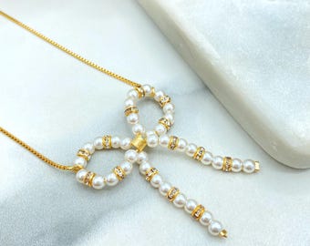 18k Gold Filled Pearl Bow Necklace, Ribbon Pendant, Valentine’s Day Gift for Her, Wholesale Jewelry