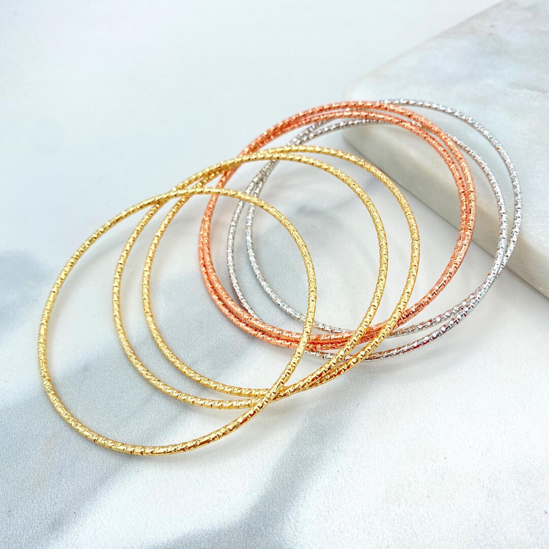 18K Gold Filled Bangle Set, Tri Color Textured Stack, 7 Piece Slip