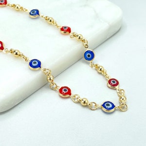 18k Gold Filled Gold Beads with Red and Blue Evil Eyes Charms Linked Anklet, Wholesale Jewelry Making Supplies