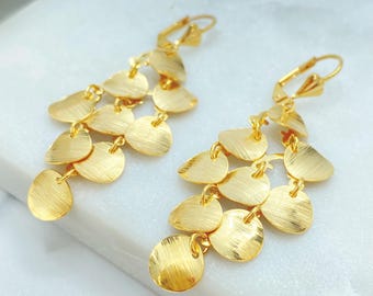 18K Gold Filled Drop Earrings, Brushed Disc Cascade with Leverback Hooks