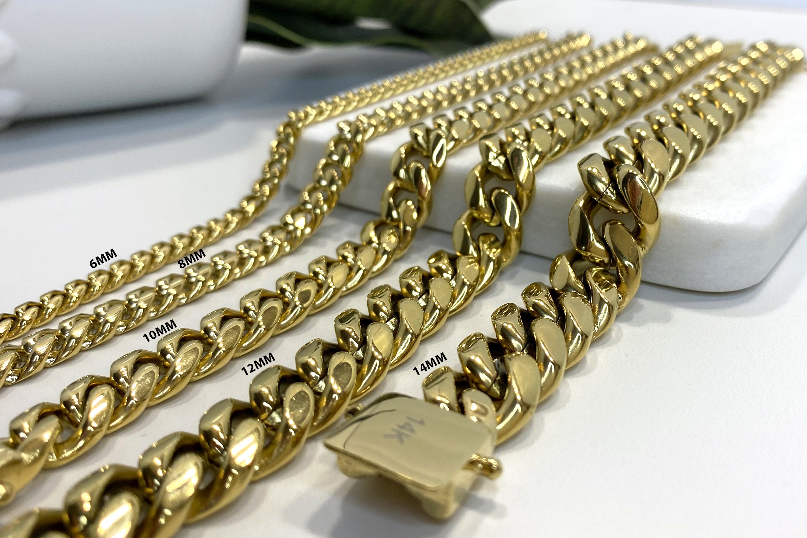 Collana Uomo Catena Miami Cuban Curb In Ottone Placcato Oro 14K Con Zirconi – 24 Pollici 14mm
