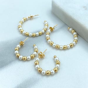 18k Gold Filled 4mm Thickness Open Pearl Beaded Hoop, Gold Beads & Simulated Pearl C-Hoop, 22mm or 32mm Beaded Hoop, Wholesale Jewelry