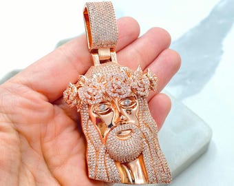 14K Rose Gold Filled Jesus Face Pendant, Floral Crown, Micro Pave CZ (PENDANT ONLY)