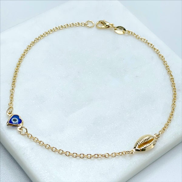 Chaîne à maillons Rolo de 2 mm remplie d'or 18 carats avec breloques en forme de cœur bleu mauvais œil d'escargot, bracelet de cheville lié, vente en gros de fournitures de fabrication de bijoux