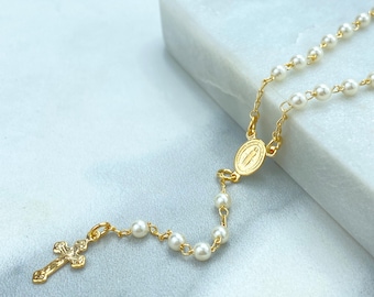 18k Gold Filled Pearls Rosary with La Milagrosa Charm, Simulated Pearls Rosary with Miraculous Virgin, Wholesale Jewelry