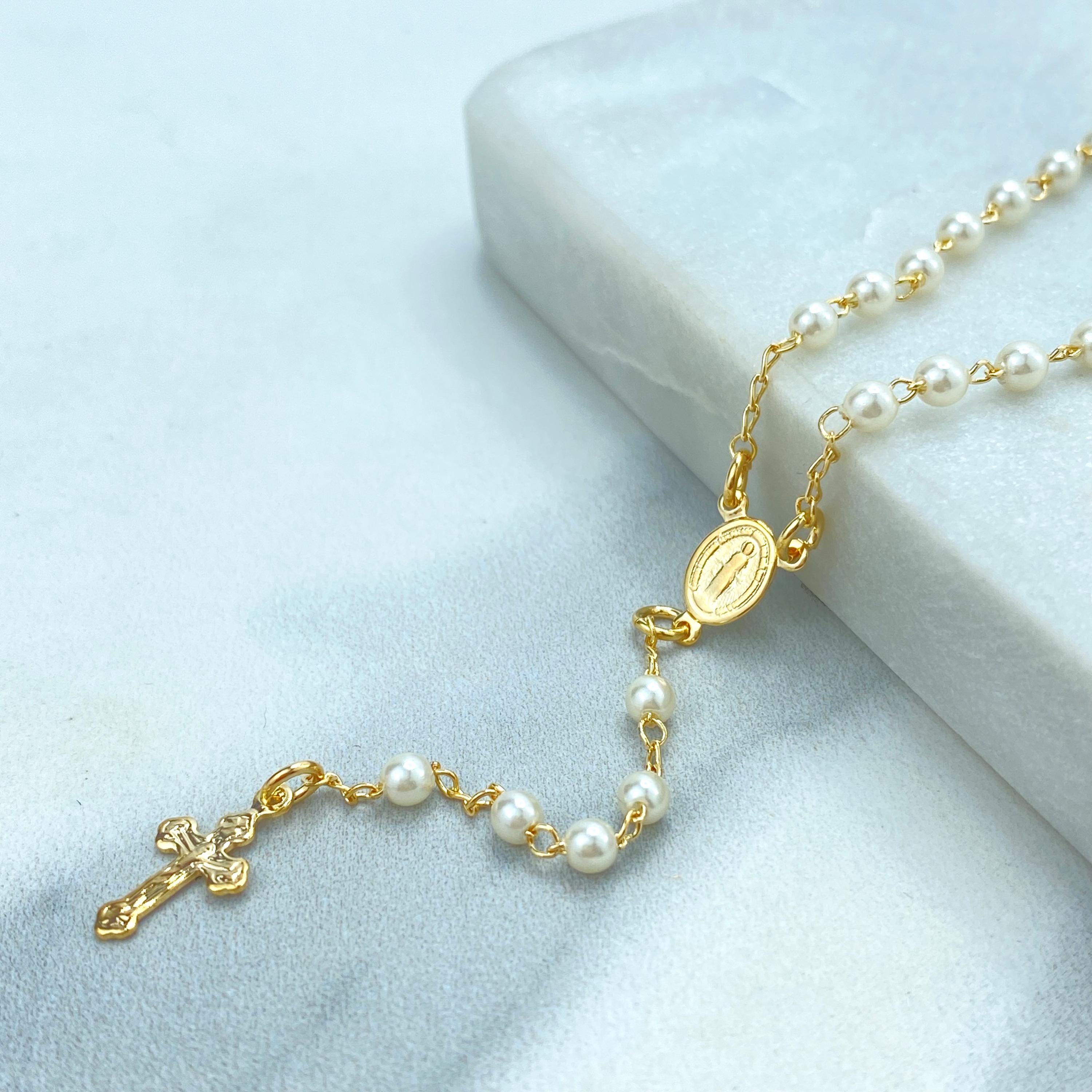 Rosenkranz aus 18 Karat Gold gefüllten Perlen mit La Milagrosa-Anhänger, Rosenkranz aus künstlichen Perlen mit der wundersamen Jungfrau, Großhandelsschmuck