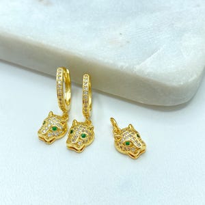 18k Gold Filled Micro Pave Cubic Zirconia Huggie Earrings with Panther Head Design Charms Wholesale Jewelry Making Supplies